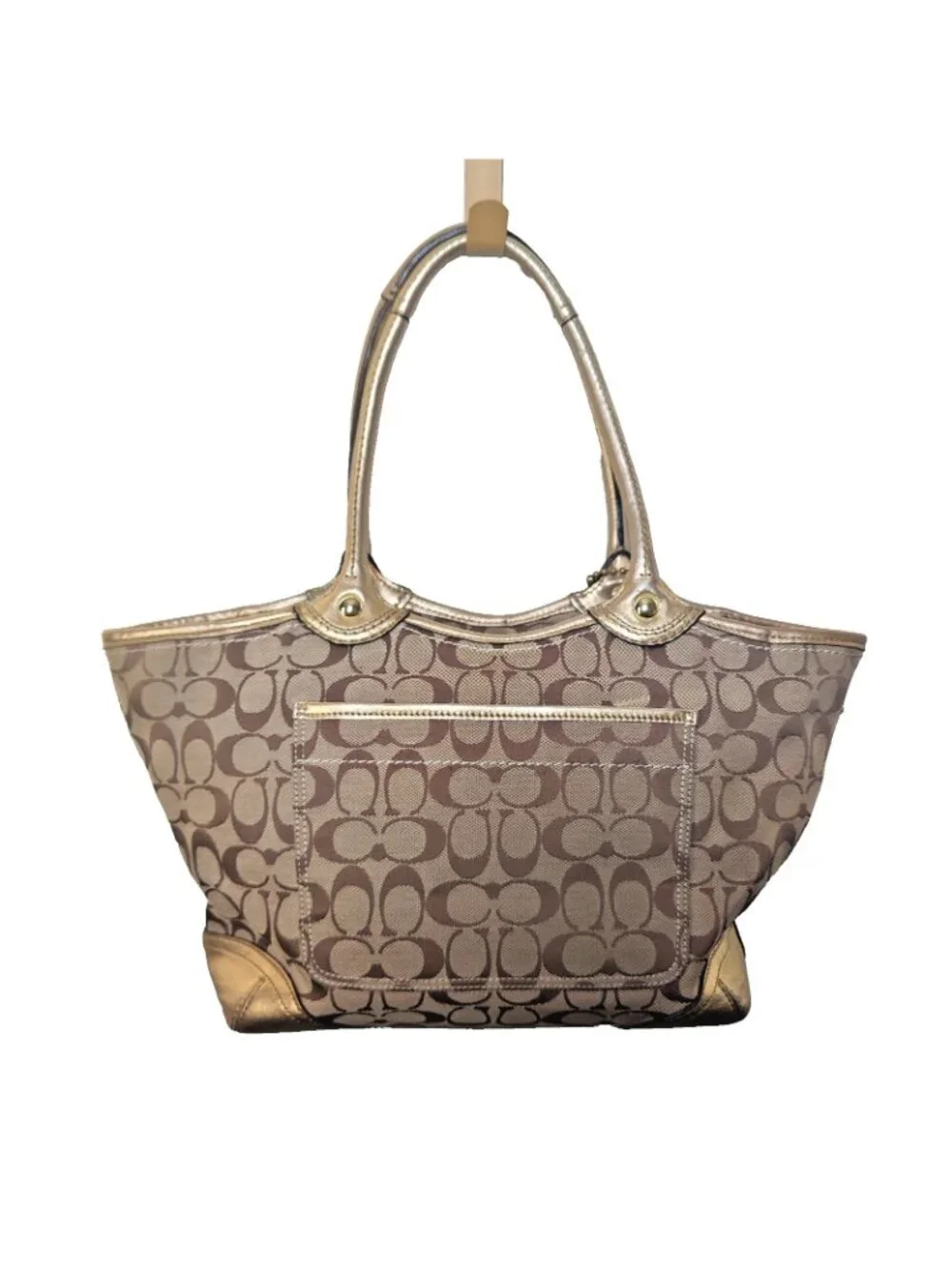 COACH BLEECKER Signatue TOTE Satchel BAG Gold Tan Leather Fabric